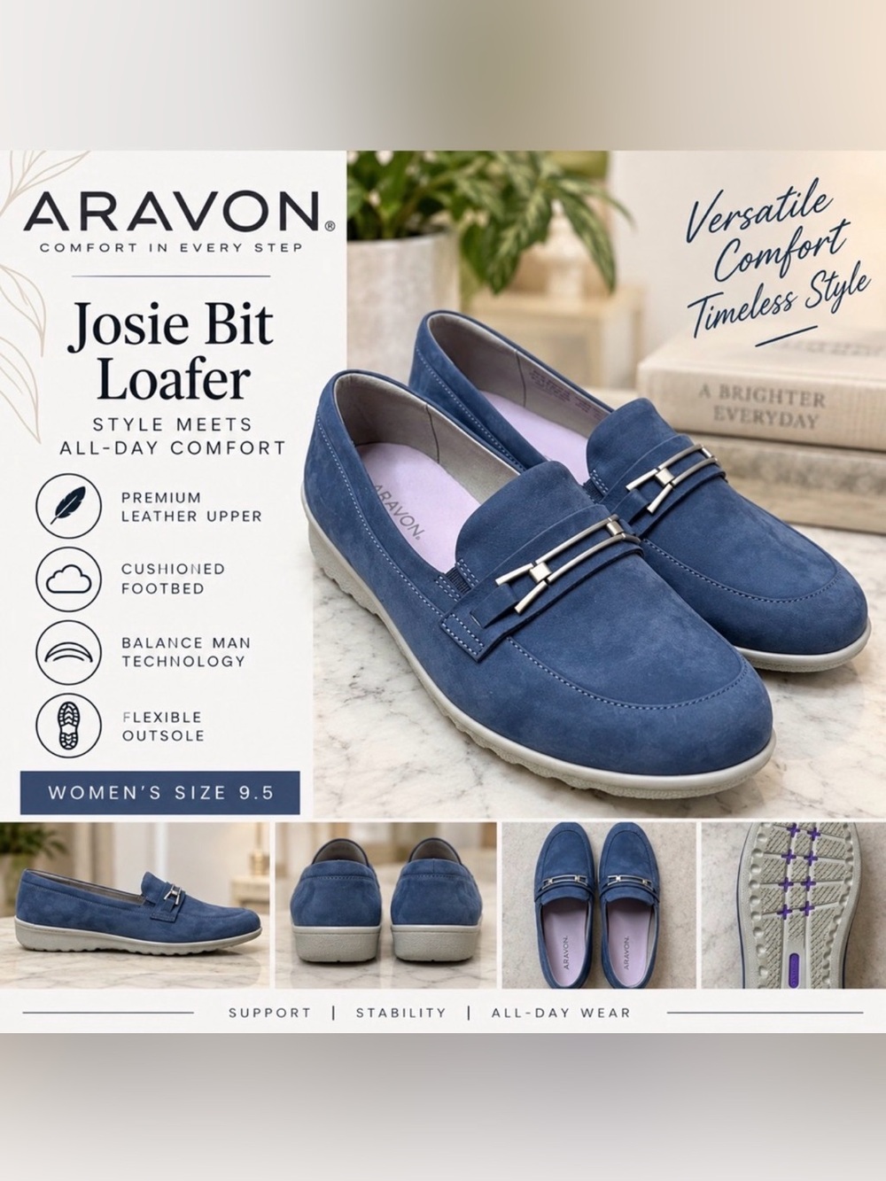 Aravon Josie Bit Blue Suede Loafers Women’s Size 9.5 Comfort Shoes